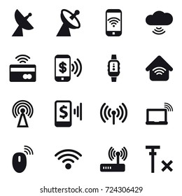 16 vector icon set : satellite antenna, phone wireless, cloud wireless, tap to pay, phone pay, smartwatch, wireless home, antenna, mobile pay, wireless
