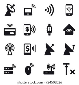 16 vector icon set : satellite antenna, notebook wireless, wireless, phone wireless, tap to pay, phone pay, smartwatch, wireless home, antenna, mobile pay