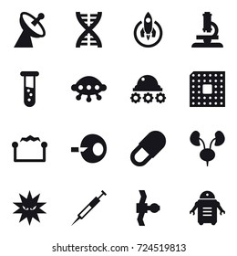 16 vector icon set : satellite antenna, dna, rocket, microscope, vial, ufo, lunar rover, cpu, electrostatic