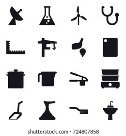 16 vector icon set : satellite antenna, flask, windmill, ruler, tower crane, golf, cutting board, pan, measuring cup, garlic clasp, scoop, plunger, brush, water tap sink