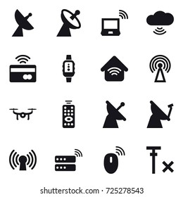 16 vector icon set : satellite antenna, notebook wireless, cloud wireless, tap to pay, smartwatch, wireless home, antenna, drone, remote control