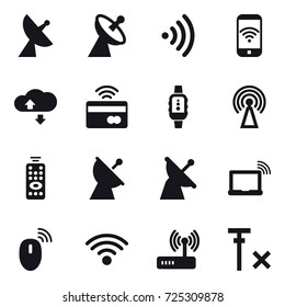 16 vector icon set : satellite antenna, wireless, phone wireless, cloude service, tap to pay, smartwatch, antenna, remote control