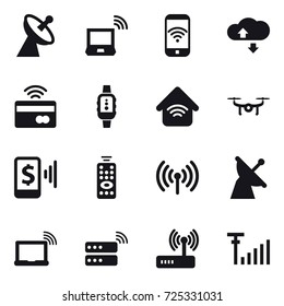 16 vector icon set : satellite antenna, notebook wireless, phone wireless, cloude service, tap to pay, smartwatch, wireless home, drone, mobile pay, remote control, wireless