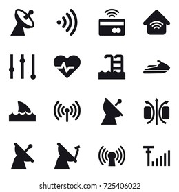 16 vector icon set : satellite antenna, wireless, tap to pay, wireless home, equalizer, pool, jet ski, shark flipper