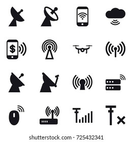 16 vector icon set : satellite antenna, phone wireless, cloud wireless, phone pay, antenna, drone, wireless