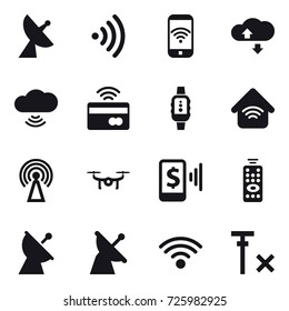 16 vector icon set : satellite antenna, wireless, phone wireless, cloude service, cloud wireless, tap to pay, smartwatch, wireless home, antenna, drone, mobile pay, remote control