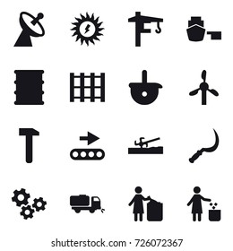 16 vector icon set : satellite antenna, sun power, tower crane, soil cutter, sickle, gears, sweeper, garbage bin
