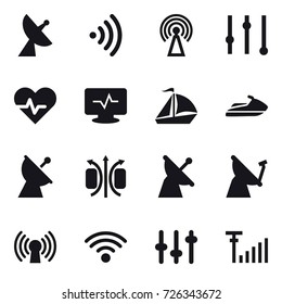 16 vector icon set : satellite antenna, wireless, antenna, equalizer, sail boat, jet ski