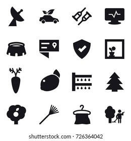 16 vector icon set : satellite antenna, eco car, stadium, flower in window, watering, spruce, garden, rake, hanger, garden cleaning