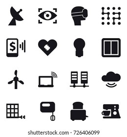 16 vector icon set : satellite antenna, eye identity, virtual mask, chip, mobile pay, bulb, power switch