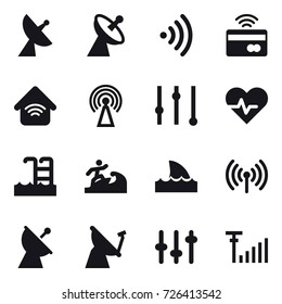 16 vector icon set : satellite antenna, wireless, tap to pay, wireless home, antenna, equalizer, pool, surfer, shark flipper