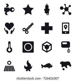 16 vector icon set : satellite, star, spark plug, thermometer, ring button, field, fire, fish, spot