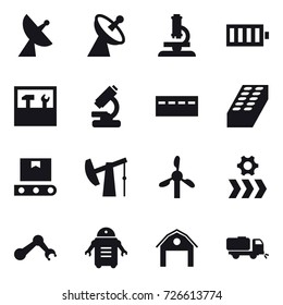 16 vector icon set : satellite antenna, microscope, battery, tools, bunker, brick, barn, sweeper
