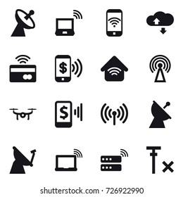 16 vector icon set : satellite antenna, notebook wireless, phone wireless, cloude service, tap to pay, phone pay, wireless home, antenna, drone, mobile pay, wireless