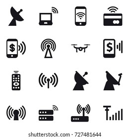 16 vector icon set : satellite antenna, notebook wireless, phone wireless, tap to pay, phone pay, antenna, drone, mobile pay, remote control, wireless