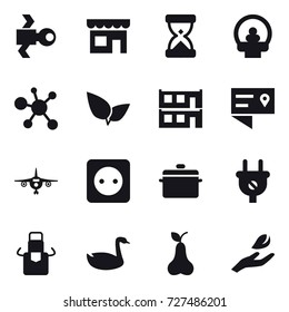 16 vector icon set : satellite, shop, modular house, plane, power socket, pan, apron, goose, pear, hand leaf