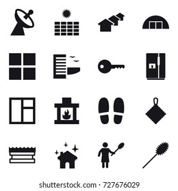 16 vector icon set : satellite antenna, sun power, houses, hangare, window, hotel, key, fridge, fireplace, slippers, rag, sponge, house cleaning, woman with pipidaster, duster