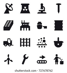 16 vector icon set : satellite antenna, nuclear power, microscope, nail, brick, factory, garbage bin