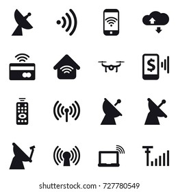 16 vector icon set : satellite antenna, wireless, phone wireless, cloude service, tap to pay, wireless home, drone, mobile pay, remote control