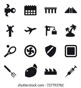 16 vector icon set : satellite, bridge, pyramid, windmill, island, tennis, cooler fan, cutting board, big fork, seedling, syringe