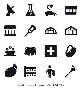 16 vector icon set : satellite antenna, flask, electric car, market, greenhouse, flower bed, stadium, first aid, watering, trash, rake