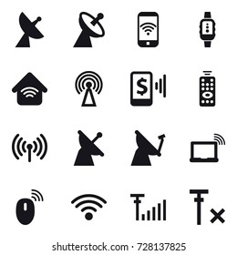 16 vector icon set : satellite antenna, phone wireless, smartwatch, wireless home, antenna, mobile pay, remote control, wireless