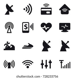 16 vector icon set : satellite antenna, wireless, tap to pay, wireless home, antenna, mobile pay, surfer, jet ski