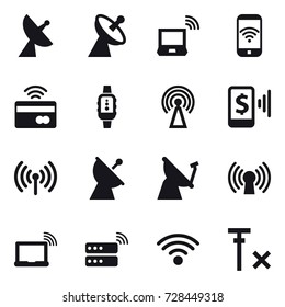 16 vector icon set : satellite antenna, notebook wireless, phone wireless, tap to pay, smartwatch, antenna, mobile pay, wireless