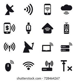 16 vector icon set : satellite antenna, wireless, phone wireless, cloud wireless, phone pay, smartwatch, wireless home, remote control
