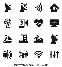 16 vector icon set : satellite antenna, wireless, wireless home, antenna, mobile pay, sail boat, pool, surfer