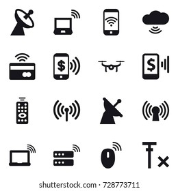 16 vector icon set : satellite antenna, notebook wireless, phone wireless, cloud wireless, tap to pay, phone pay, drone, mobile pay, remote control, wireless