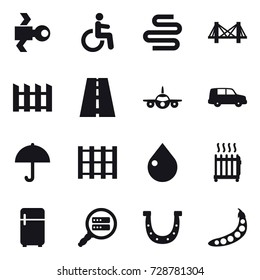 16 vector icon set : satellite, bridge, fence, drop, radiator, fridge, horseshoe, peas