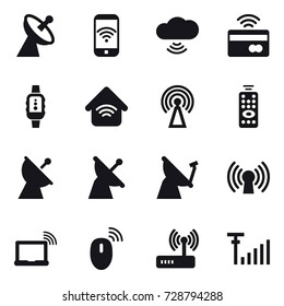 16 vector icon set : satellite antenna, phone wireless, cloud wireless, tap to pay, smartwatch, wireless home, antenna, remote control