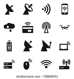 16 vector icon set : satellite antenna, wireless, phone wireless, cloude service, tap to pay, antenna, drone, remote control