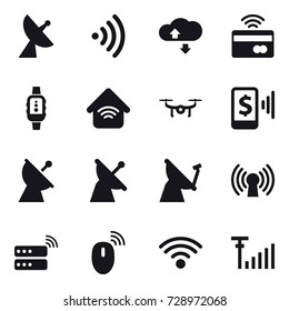 16 vector icon set : satellite antenna, wireless, cloude service, tap to pay, smartwatch, wireless home, drone, mobile pay