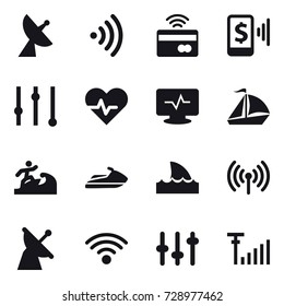 16 vector icon set : satellite antenna, wireless, tap to pay, mobile pay, equalizer, sail boat, surfer, jet ski, shark flipper