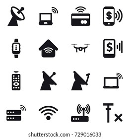 16 vector icon set : satellite antenna, notebook wireless, tap to pay, phone pay, smartwatch, wireless home, drone, mobile pay, remote control