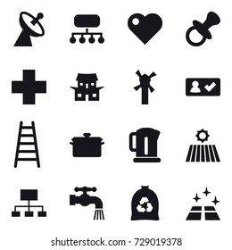 16 vector icon set : satellite antenna, structure, heart, nipple, japanese house, windmill, check in, stairs, pan, kettle, field, hierarchy, water tap, garbage bag, clean floor