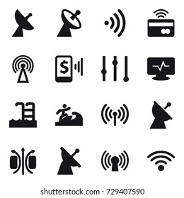 16 vector icon set : satellite antenna, wireless, tap to pay, antenna, mobile pay, equalizer, pool, surfer