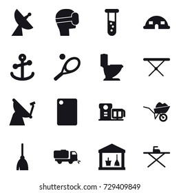 16 vector icon set : satellite antenna, virtual mask, vial, dome house, tennis, toilet, iron board, cutting board, wheelbarrow, broom, sweeper, utility room