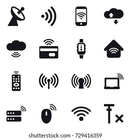 16 vector icon set : satellite antenna, wireless, phone wireless, cloude service, cloud wireless, tap to pay, smartwatch, wireless home, remote control