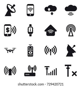 16 vector icon set : satellite antenna, phone wireless, cloude service, cloud wireless, phone pay, smartwatch, wireless home, antenna, drone, remote control, wireless