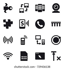 16 vector icon set : satellite, notebook connect, server, web cam, puzzle, mobile pay, phone, bridge, wireless