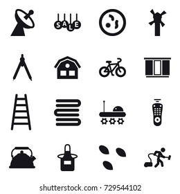 16 vector icon set : satellite antenna, sale, windmill, drawing compass, house, bike, wardrobe, stairs, towels, kettle, apron, seeds, vacuum cleaner