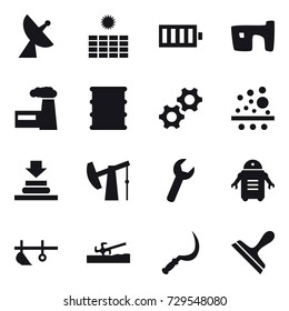16 vector icon set : satellite antenna, sun power, battery, slum, factory, plow, soil cutter, sickle, scraper
