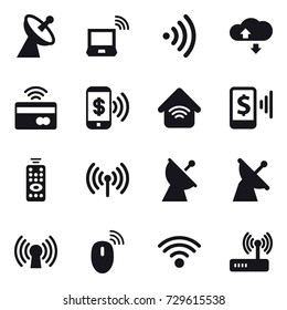 16 vector icon set : satellite antenna, notebook wireless, wireless, cloud service, tap to pay, phone pay, wireless home, mobile pay, remote control