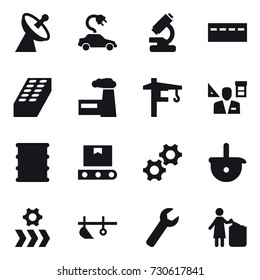 16 vector icon set : satellite antenna, electric car, bunker, brick, factory, tower crane, architector, plow, wrench, garbage bin