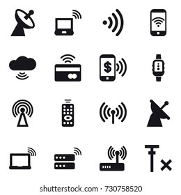 16 vector icon set : satellite antenna, notebook wireless, wireless, phone wireless, cloud wireless, tap to pay, phone pay, smartwatch, antenna, remote control