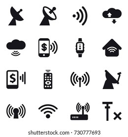 16 vector icon set : satellite antenna, wireless, cloude service, cloud wireless, phone pay, smartwatch, wireless home, mobile pay, remote control