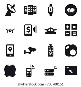 16 vector icon set : satellite antenna, server, smartwatch, crypto currency, drone, mobile pay, scales, calculator, surveillance, remote control